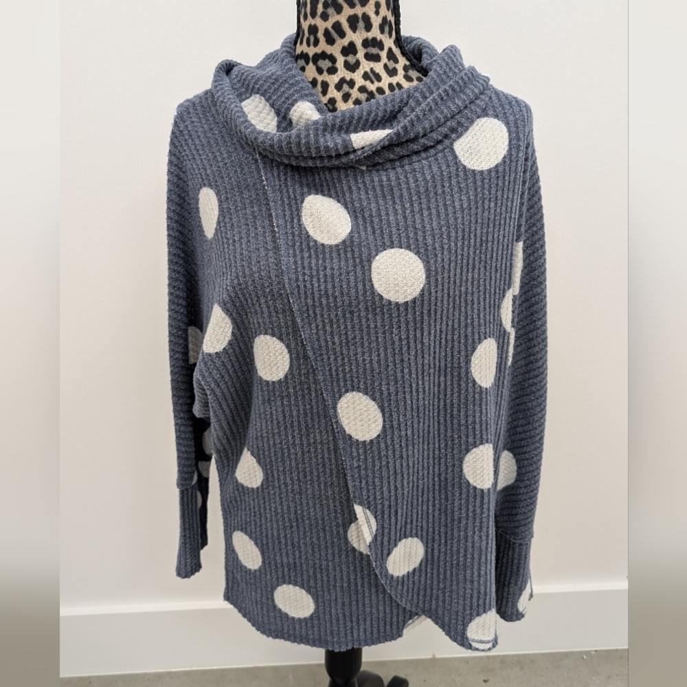 LuLaRoe Kristen Navy and White Polka Dot Cowl Neck Sweater